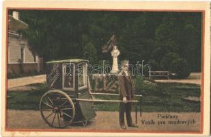 Pöstyén, Piestany; A Royal nagyszálló infanteristája Erzsébet királyné szobra előtt, különlegesség / Vozík pre nezdravych / Grand Hotel Royal spa carriage in front of the statue of Sissi