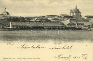 1902 Vác, látkép, előtérben vasútvonal, gőzmozdony, tehervonat. Kiadja Deutsch Mór