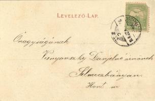 1902 Vác, látkép, előtérben vasútvonal, gőzmozdony, tehervonat. Kiadja Deutsch Mór