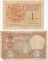 Szerb-Horvát-Szlovén Királyság 1919. 1D + Jugoszlávia 1926. 10D T:III- hiányzó sarok, szakadás, folt...