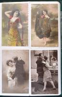 45 db főleg régi tánc motívumlap zöld képeslapalbumban, közte egy Josephine Baker lap is / 45 mainly pre-1945 dance motive cards in green postcard album, including one card with Josephine Baker