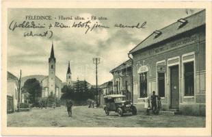 Feled, Felednice, Veladin, Jesenské; Fő utca, automobil, Virók Gy. vendéglője, templomok / Hlavná ulica, hostinec / main street, restaurant, churches