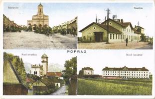 Poprád, Poprad (Tátra, Vísoké Tatry); tér, vasútállomás, új laktanya, régi harangtorony / námestie, stanica, stará zvonica, nové kasárne / railway station, square, new military barracks, old bell tower (EB)