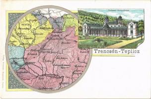 Trencsénteplic, Trencianske Teplice; Gyógyterem, térkép. Wertheim Zsigmond kiadása / spa, map. Art Nouveau, litho
