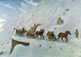 Postakocsi a Gotthard-hágón 1873.-ban, reprodukció képeslapon C