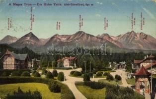 1913 Alsótátrafüred, Unter-Schmecks, Dolny Smokovec (Tátra, Magas Tátra, Vysoké Tatry); hegycsúcsok, nyaraló, szálloda / mountain peaks of the High Tatras, villa, hotel (kopott sarkak / worn corners)