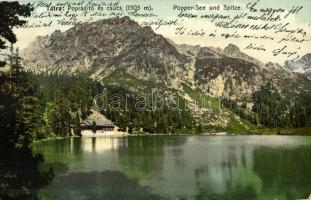 1912 Tátra, Magas Tátra, Vysoké Tatry; Poprádi-tó és csúcs. Kiadja Cattarino S. utóda Földes Samu 212. sz. / Poprádské pleso, Kopki / lake, mountain peak