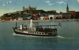 1916 Pozsony, Pressburg, Bratislava; vár, Országház csavargőzös átkelőjáratban / castle, shuttle ship, steamship (Rb)