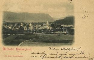 1898 Rozsnyó, Roznava; látkép, templomok. Kiadja Falvi Jenő 876. / general view with churches (vágott / cut)