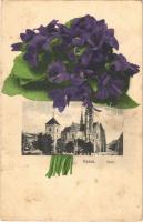 Kassa, Kosice; dóm. Ibolyacsokor montázs. Varga Bertalan kiadása / dome. montage with violet bouquet (Rb)