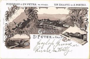 1898 Pivka, St. Petra na Krasu, San Pietro del Carso, St. Peter in Krain; railway station, church. Weiss & Dreykurs No. 1194. Art Nouveau, floral, litho (EK)