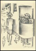 Molnár C. Pál (1894-1981): Kutyasétáltatás, kis szériás ofszet, papír, 29,5×21 cm