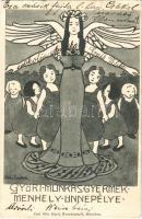 1902 Győr, Győri Munkásgyermek Menhely ünnepélye, művészlap. Carl Otto Hayd Kunstanstalt. Art Nouveau s: Milassik (szakadás / tear)