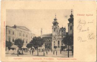 1899 Győr, Széchenyi tér, Lloyd épület, Főgimnázium, Szentbenedek-rendi templom. Kapható Gross testvéreknél (EK)