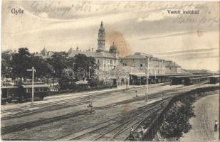 1910 Győr, Vasúti indóház, vasútállomás, vonat (EK)