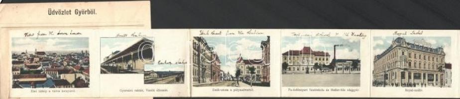 Győr, "Albumos levelezőlap" leporellólap, belül: Vasútállomás, gyorsáru raktár, Fa és fémi...