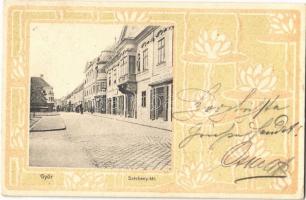 1906 Győr, Széchenyi tér, Győri Első Temetkezési Intézet, üzletek. Kiadja Rőszler Károly. Art Nouveau, floral, litho keret (EK)