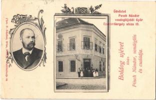 1902 Győr, Pósch Nándor vendéglője és arcképe. Czuczor Gergely utca 10. Art Nouveau, Újévi üdvözlet (EK)