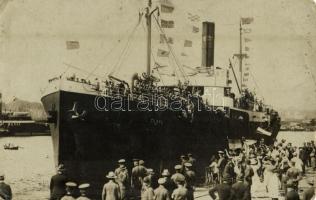 SS Ceuta German steamship of the Oldenburg Portuguese Line at the port, crowd cheering. photo (kopott sarkak / worn corners)