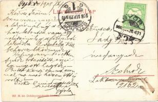 1908 Győr, Király utca, Belső Pál és Back Hermann üzlete, London sörcsarnok, Kalodont és Singer rekl...