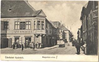 1906 Győr, Megyeház utca, Polgár B. papírkereskedése, az Első Leánykiházasítási Egylet irodája, üzletek. Polgár Bertalan saját kiadása (Rb)