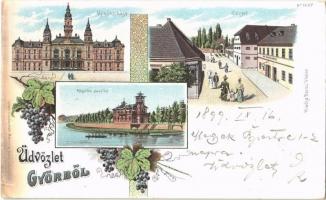 1899 Győr, Sziget, Új városháza, Regatta pavilon. Berec Viktor kiadása. szőlős Art Nouveau litho (EK)