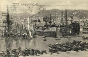 1907 Genova, Genoa; Veduta dal Molo Vecchio / view from the old pier, shipyard, sailing vessels, boats (Rb)