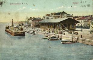 1909 Galati, Galatz; Debarcaderul N. F. R. / pier, port, steamship, boats. Ed. Anton Pappadopol (kis szakadás / small tear)
