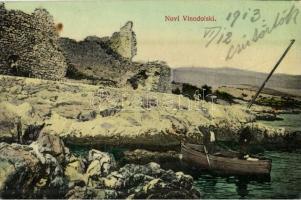 1913 Novi Vinodolski, Novi, Novoga; fort ruins, boat (EK)