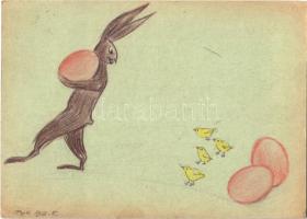 1942 Tábori Postai Levelezőlap Vitéz Garamvölgyi Imre főhadnagytól (115/11.) feleségének. Saját kézzel rajzolt húsvéti üdvözlőlap / WWII Hungarian military hand-drawn Easter greeting art postcard (EK)