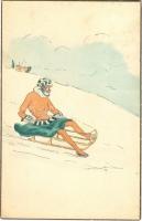 1928 Sledding lady, Winter sport art postcard