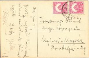 1928 Sledding lady, Winter sport art postcard