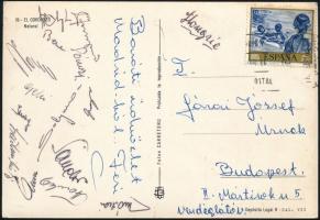 1964 Madrid, Labdarúgó EB. Magyar futballcsapat tagjainak aláírása képeslapon .Albert, Tichy, Bene, Mátrai és mások / Autograph signed postcard of the Hungarian football team from Madrid European Cup