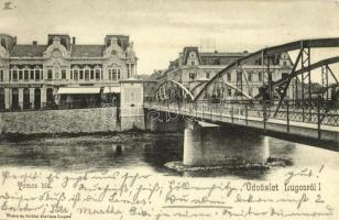 1904 Lugos, Lugoj; Temes híd, bank. Kiadja Weisz és Sziklai / Timis river bridge, bank