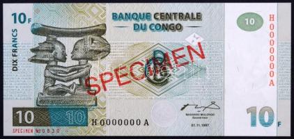 Kongó 1997. 10Fr "MINTA" felülbélyegzéssel, "H0000000A" T:I,I- / 
Congo 1997. 1...