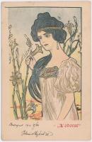 1901 L odorat / Four Senses: Smell. Polish Art Nouveau postcard s: Kieszkow