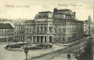 1906 Pozsony, Pressburg, Bratislava; Városi színház, üzletek. Pressburger's "Bediene dich allein" / Stadt-Theater / theatre, shops