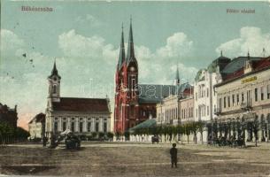 1916 Békéscsaba, Fő tér, templomok, Polgári leány iskola, piaci árusok, üzletek (EK)