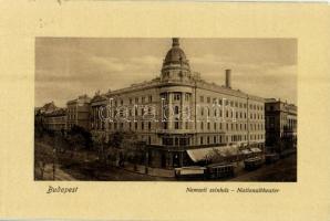 1909 Budapest VIII. Nemzeti Színház és bérháza, Ehm János étterme, Hollandi Életbiztosító Részvénytársaság, villamos. Dr. Trenkler és Társa kiadása Bdp. 23.