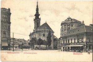 Budapest I. Tabán, Döbrentei tér, Gamauf Gyula üzlete, Keller Ignác Tabáni bor és sörcsarnoka, templom