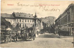 1909 Budapest I. Krisztina tér, Alagút utca, omnibusz Kalodont fogkrém reklámmal, vár a háttérben