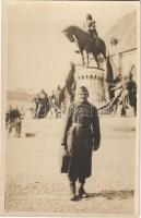 ~1917 Kolozsvár, Cluj; Osztrák-magyar katona Mátyás király szobra előtt / K.u.K. (Austro-Hungarian) soldier in front of the statue of Matthias Corvinus. photo