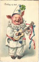 1927 Boldog Új évet! Gitározó malac bohóc jelmezben / New Year greeting art postcard with clown pig. WSSB 9695. litho (EK)