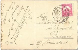 1927 Boldog Új évet! Gitározó malac bohóc jelmezben / New Year greeting art postcard with clown pig....