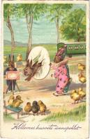 Kellemes Húsvéti Ünnepeket! Nyúl cirkusz / Easter greeting art postcard with rabbit acrobats, circus. WSSB 8213. litho (fa)