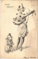 1902 Prosit Neujahr! / New Year greeting art postcard with clown lady and pig. B.K.W.I. No. 2531/1.