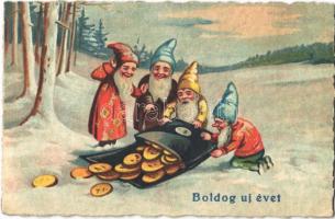 Boldog Újévet! Törpék pénztársával / New Year greeting art postcard with dwarfes (dwarves) and coins. litho