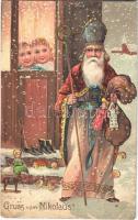 Mikulás / Grüss vom Nikolaus! / Saint Nicholaus greeting art postcard. P.F.B. Serie 6439. Emb. litho (EK)