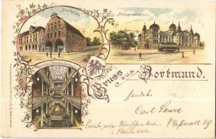 1898 Dortmund, Altes Rathaus, Fredenbaum, Waarenhaus Biermann & Heinemann / old town hall, tram, shop interior. Kunstanstalt A.G. Wandsbek Art Nouveau, floral, litho (EK)