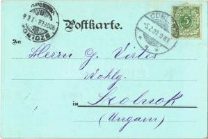 1900 Koblenz, Coblenz; Der Rhein übergiebt der Mosel das Wachthorn. Art Nouveau, litho